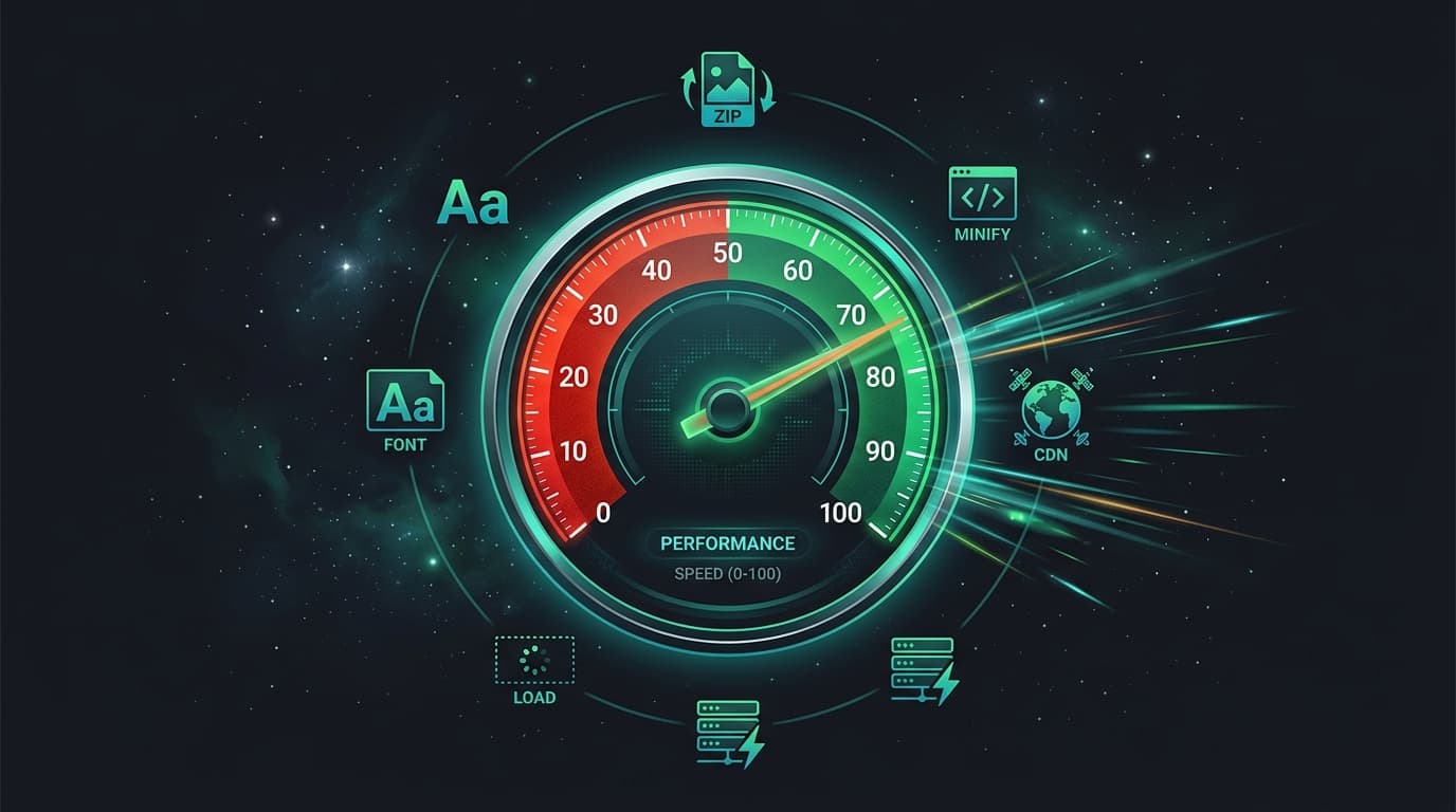 Core Web Vitals speed gauge — LCP, INP, CLS optimization
